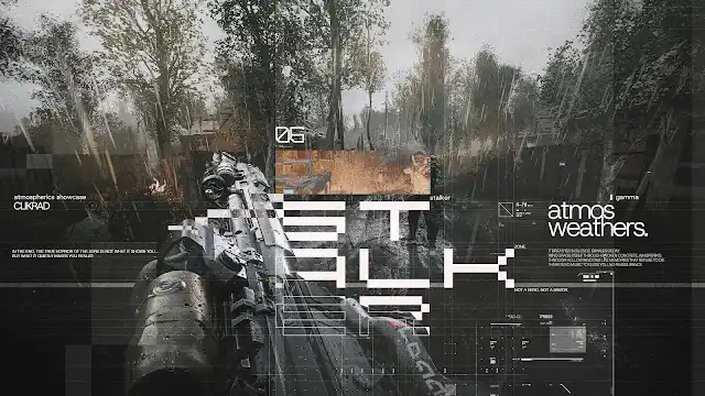 Rain-soaked exclusion zone forest behind a rifle, HUD fragments scattered across the frame. ATMOS WEATHERS key-art.