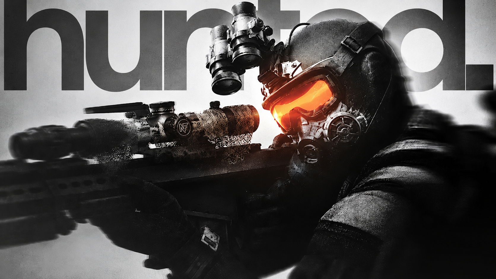 Operator in night-vision rig, visor burning orange. HUNTED key-art.