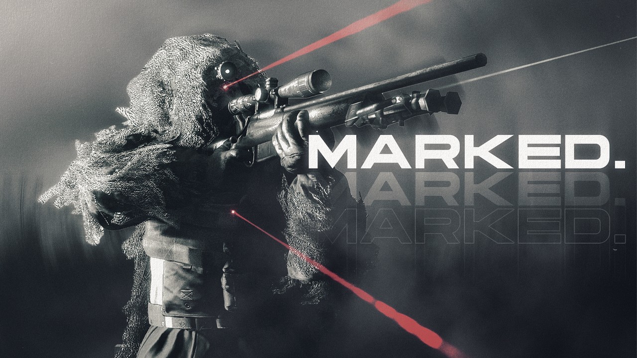 Ghillie-suited sniper shouldering a bolt rifle, red lasers cutting the dark. MARKED key-art.