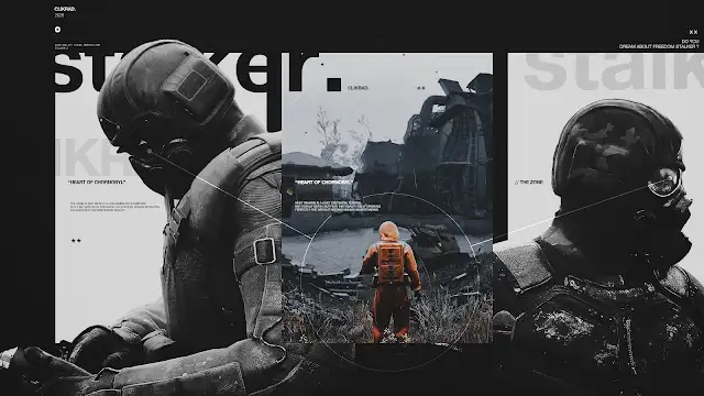 Editorial triptych: two masked stalkers flanking a figure in an orange suit standing in the ruins. STALKER spread.